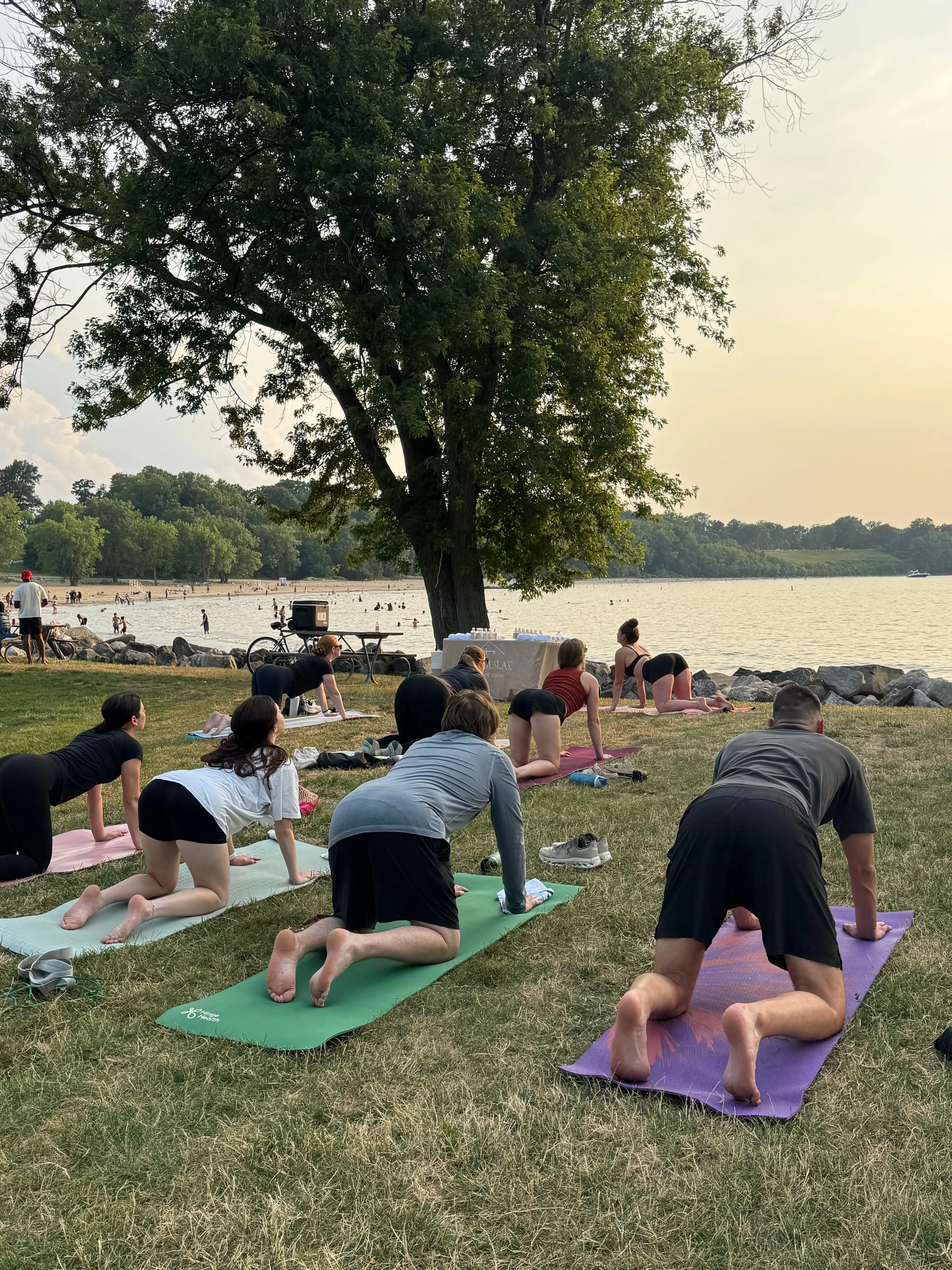 Pilates on mats outdoors by the water